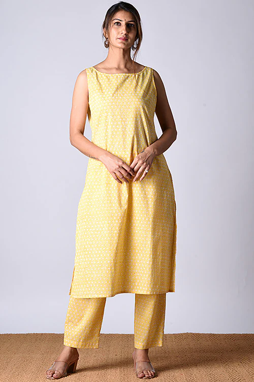 Dharan "Tarana Kurta" Yellow Block Printed Kurta and Pant Set - Image 2