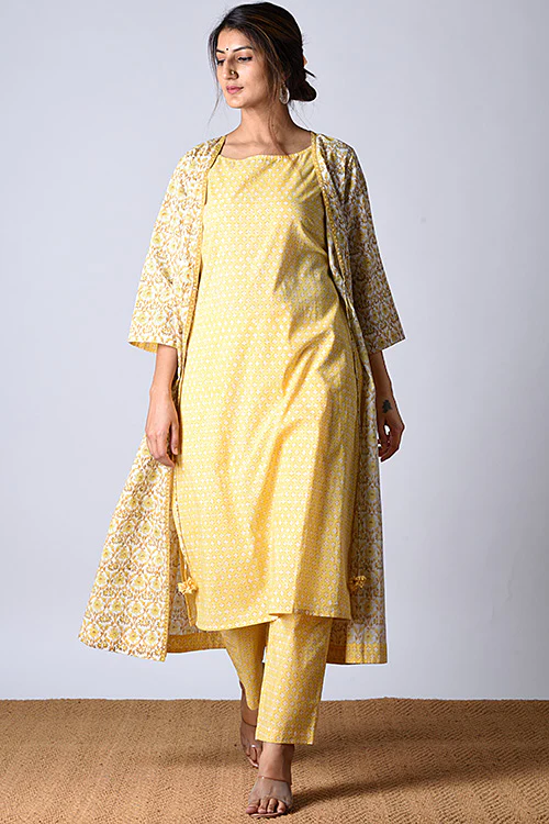 Dharan "Tarana Kurta" Yellow Block Printed Kurta and Pant Set - Image 3