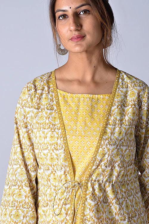 Dharan "Tarana Kurta" Yellow Block Printed Kurta and Pant Set - Image 5