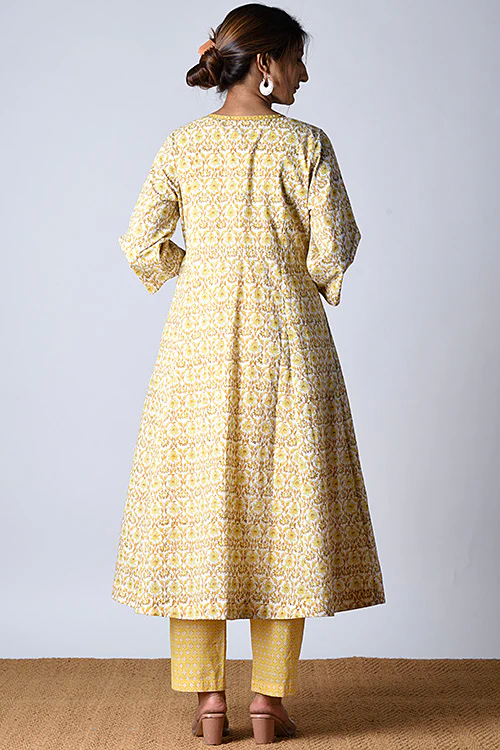 Dharan "Tarana Kurta" Yellow Block Printed Kurta and Pant Set - Image 6