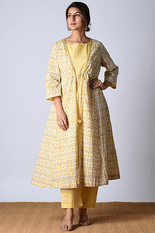Dharan "Tarana Kurta" Yellow Block Printed Kurta and Pant Set - Image 7