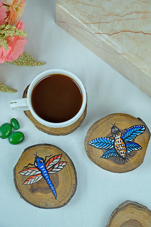 Diorama Designs Teak Wood Handpainted Flies Coasters- Set Of 4 - Image 2