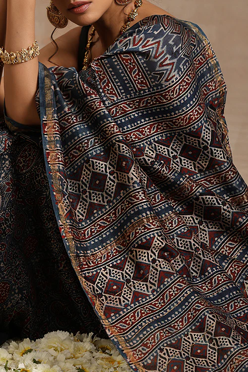 Tenaaro Ajrakh Hand Block Printed   Chanderi Saree - Image 2