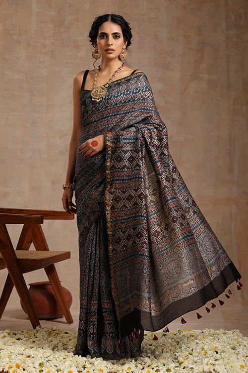Tenaaro Ajrakh Hand Block Printed   Chanderi Saree - Image 3