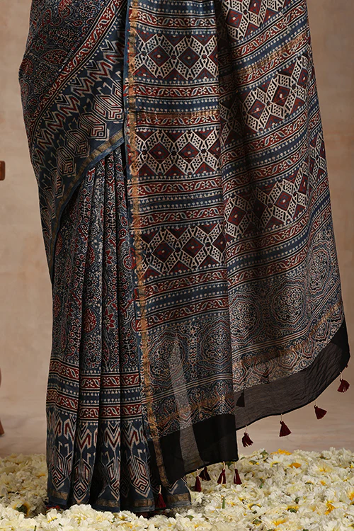 Tenaaro Ajrakh Hand Block Printed   Chanderi Saree - Image 4