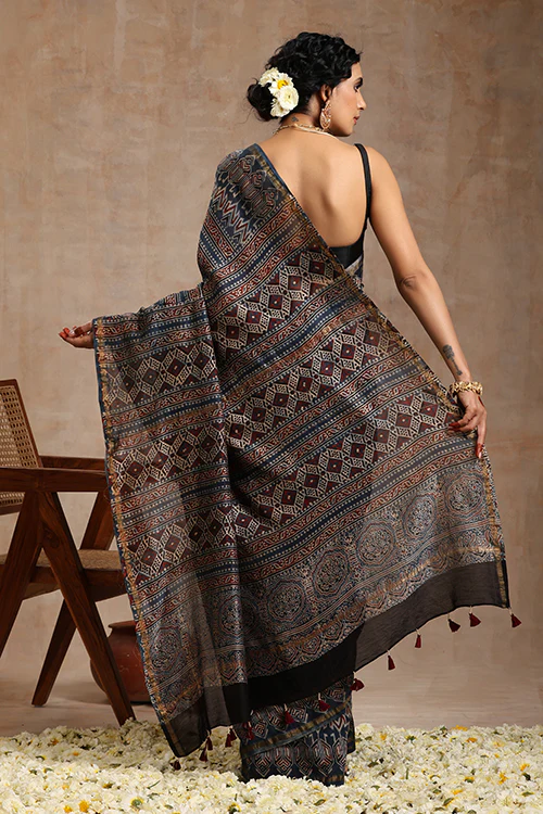 Tenaaro Ajrakh Hand Block Printed   Chanderi Saree - Image 5