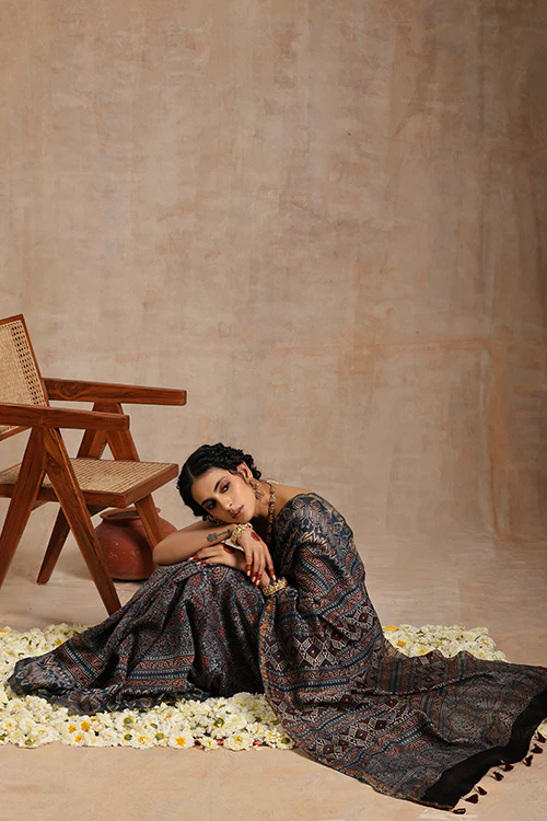 Tenaaro Ajrakh Hand Block Printed   Chanderi Saree - Image 6