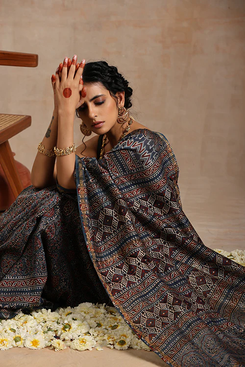 Tenaaro Ajrakh Hand Block Printed   Chanderi Saree - Image 7