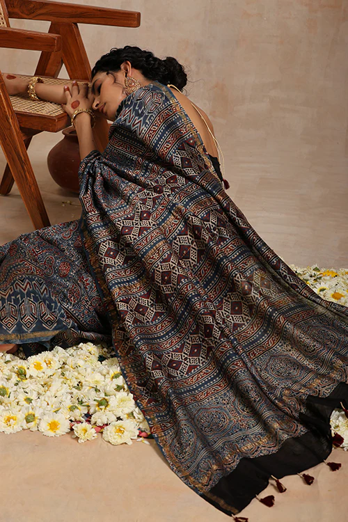 Tenaaro Ajrakh Hand Block Printed   Chanderi Saree - Image 8