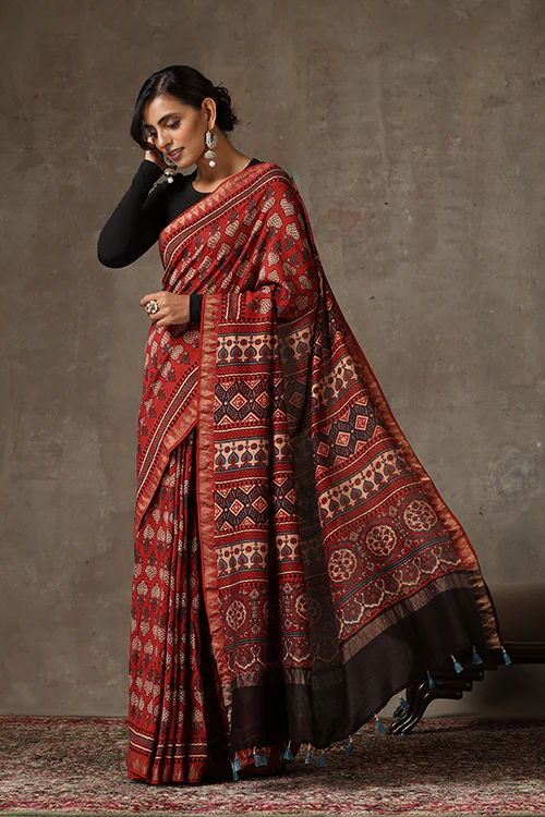 TENAARO Ajrakh Hand Block Printed Chanderi silk with maheshvari border Saree - Image 3