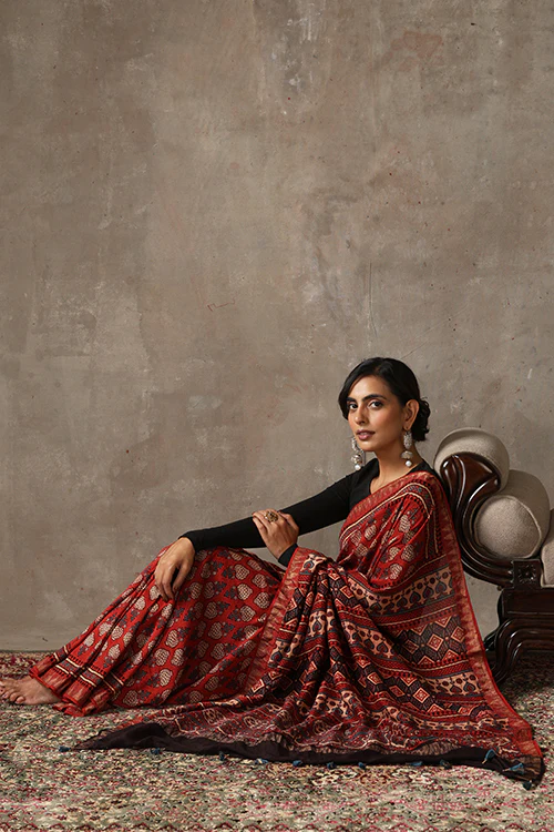 TENAARO Ajrakh Hand Block Printed Chanderi silk with maheshvari border Saree - Image 4