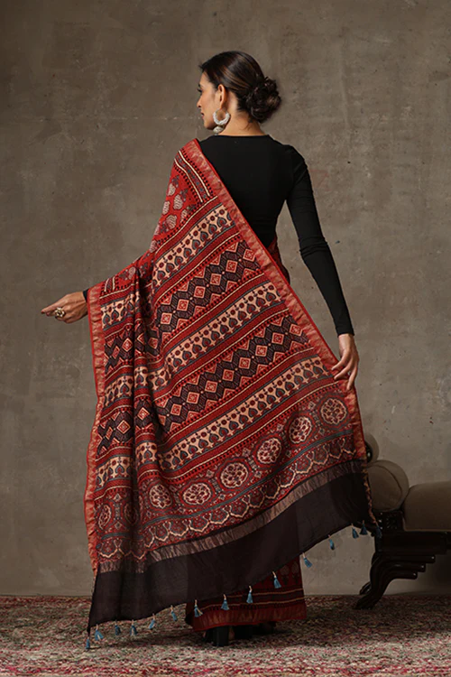 TENAARO Ajrakh Hand Block Printed Chanderi silk with maheshvari border Saree - Image 5