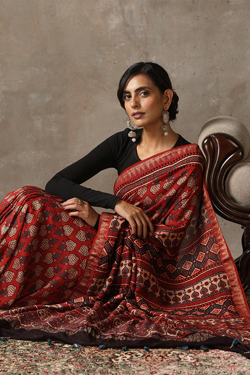 TENAARO Ajrakh Hand Block Printed Chanderi silk with maheshvari border Saree - Image 6