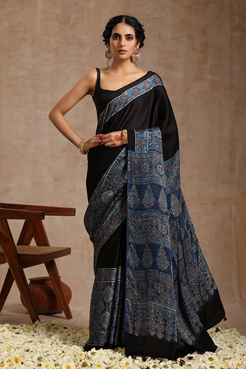 Tenaaro Ajrakh Hand Block Printed Modal Saree