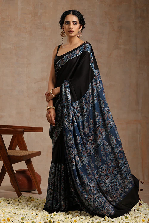 Tenaaro Ajrakh Hand Block Printed Modal Saree - Image 3
