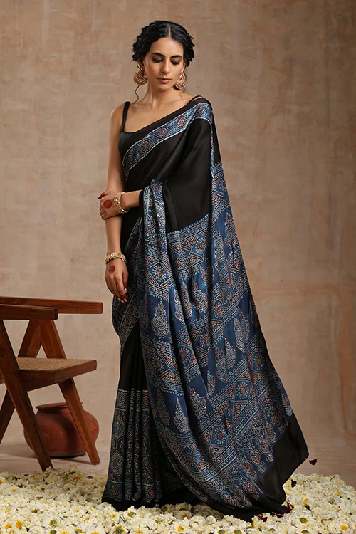 Tenaaro Ajrakh Hand Block Printed Modal Saree - Image 6