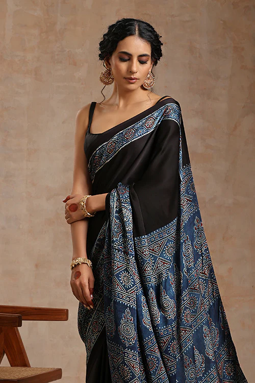 Tenaaro Ajrakh Hand Block Printed Modal Saree - Image 7