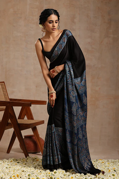 Tenaaro Ajrakh Hand Block Printed Modal Saree - Image 8