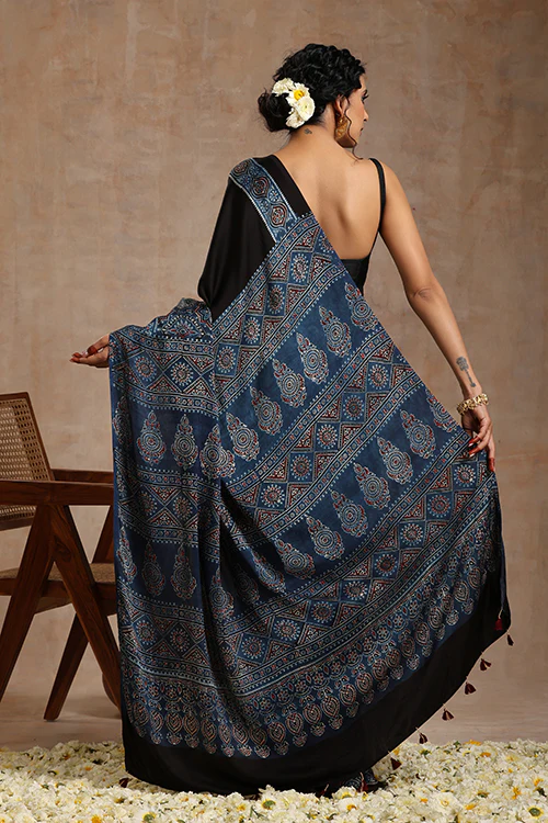 Tenaaro Ajrakh Hand Block Printed Modal Saree - Image 9