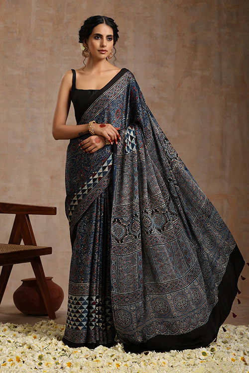 Tenaaro Ajrakh Hand Block Printed Modal Saree