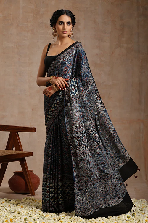 Tenaaro Ajrakh Hand Block Printed Modal Saree - Image 3