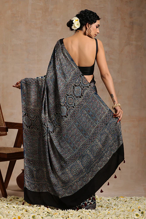 Tenaaro Ajrakh Hand Block Printed Modal Saree - Image 5