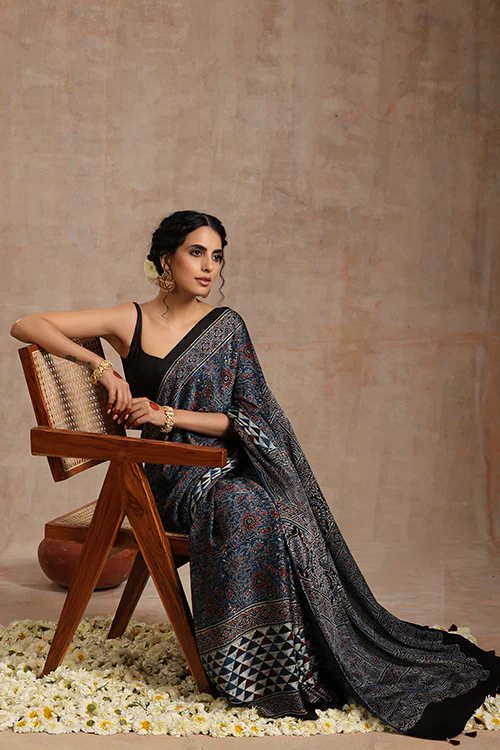 Tenaaro Ajrakh Hand Block Printed Modal Saree - Image 6