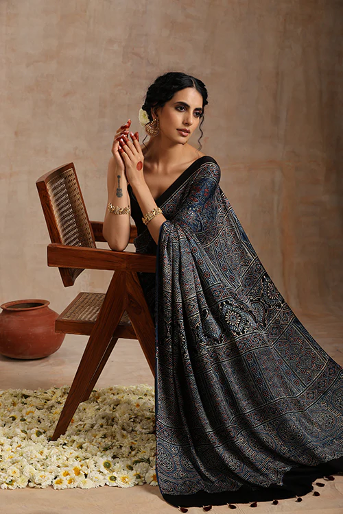 Tenaaro Ajrakh Hand Block Printed Modal Saree - Image 7