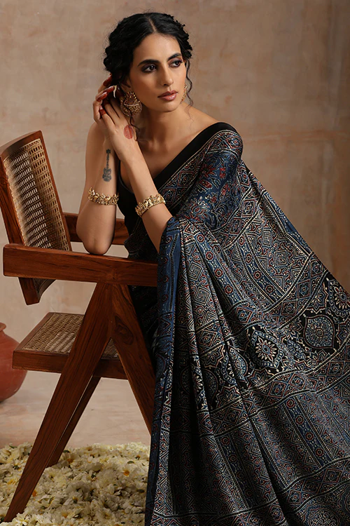 Tenaaro Ajrakh Hand Block Printed Modal Saree - Image 8