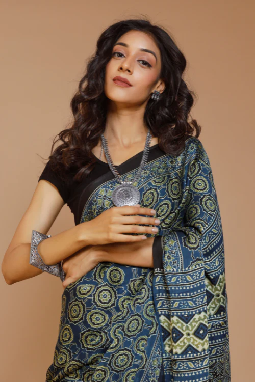 Tenaaro Ajrakh Hand Block Printed Modal Saree - Image 2