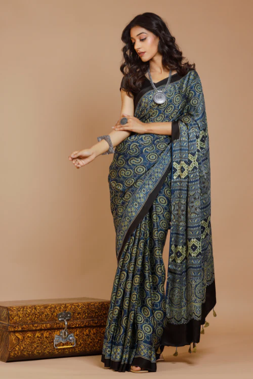Tenaaro Ajrakh Hand Block Printed Modal Saree - Image 3