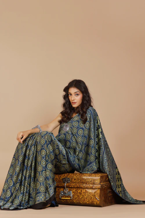Tenaaro Ajrakh Hand Block Printed Modal Saree - Image 4