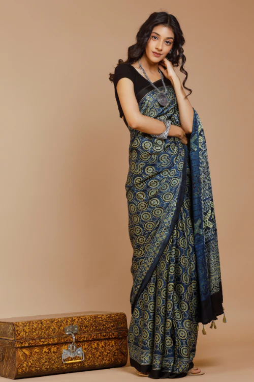 Tenaaro Ajrakh Hand Block Printed Modal Saree - Image 5