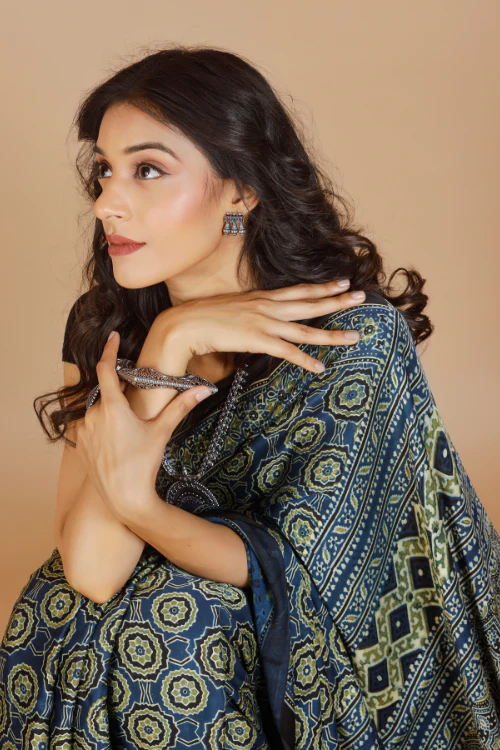 Tenaaro Ajrakh Hand Block Printed Modal Saree - Image 6