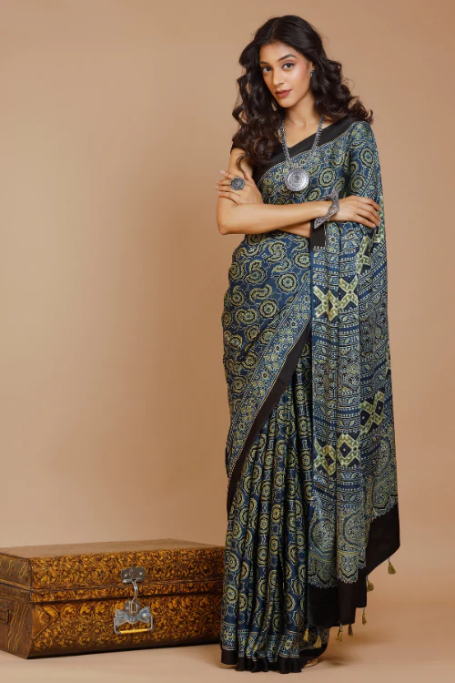 Tenaaro Ajrakh Hand Block Printed Modal Saree - Image 7