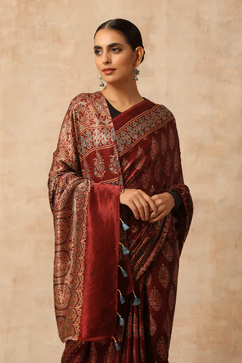 Tenaaro Ajrakh Hand Block Printed Modal SatinSaree - Image 2