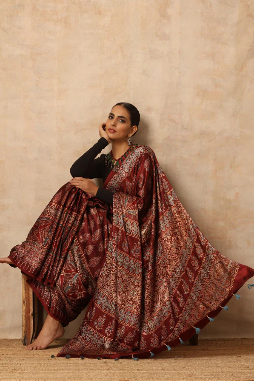 Tenaaro Ajrakh Hand Block Printed Modal SatinSaree - Image 3