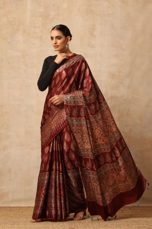 Tenaaro Ajrakh Hand Block Printed Modal SatinSaree - Image 6