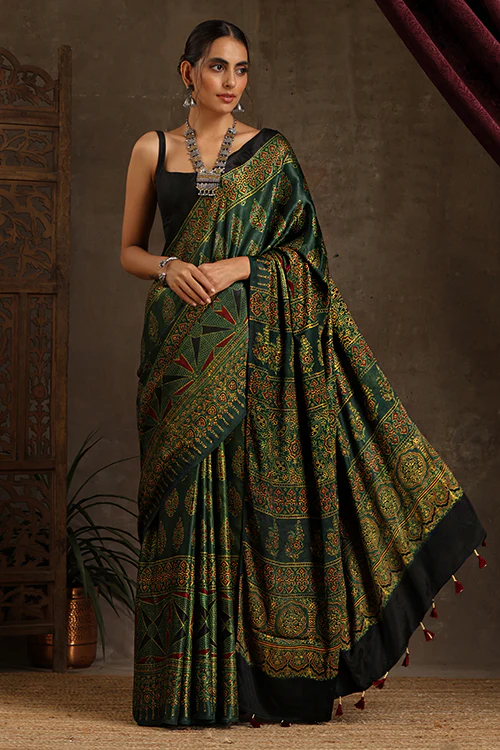 Tenaaro Ajrakh Hand Block Printed Modal Satin Saree