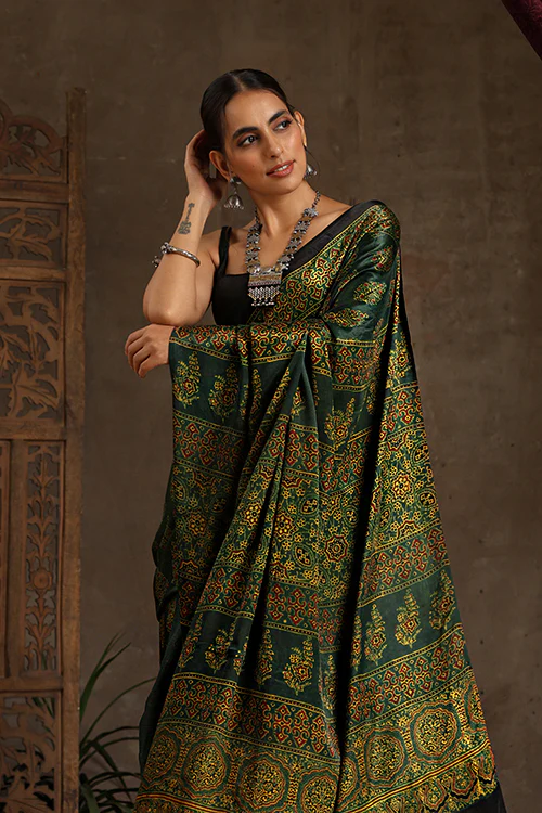 Tenaaro Ajrakh Hand Block Printed Modal Satin Saree - Image 2