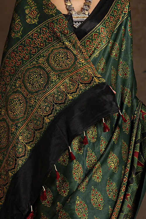 Tenaaro Ajrakh Hand Block Printed Modal Satin Saree - Image 3