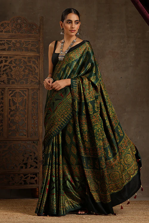 Tenaaro Ajrakh Hand Block Printed Modal Satin Saree - Image 4
