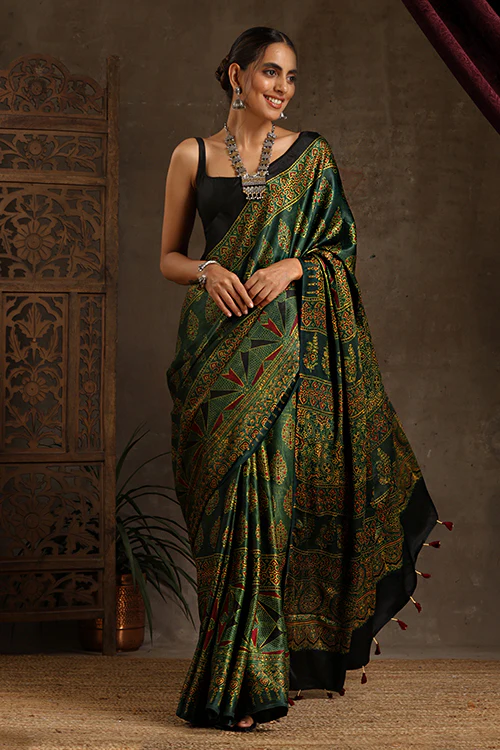 Tenaaro Ajrakh Hand Block Printed Modal Satin Saree - Image 5