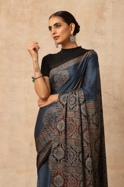 Tenaaro Ajrakh Hand Block Printed  Modal Satin Saree (Indigo Blue-14) - Image 2