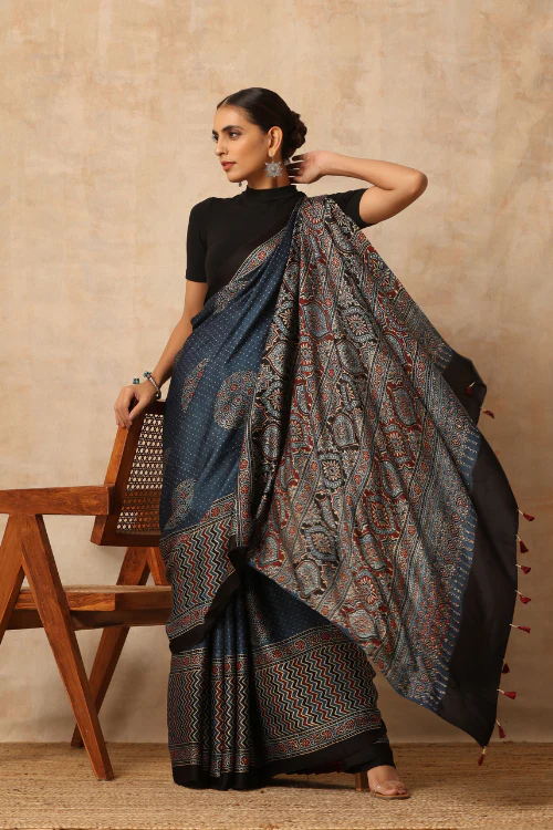 Tenaaro Ajrakh Hand Block Printed  Modal Satin Saree (Indigo Blue-14) - Image 3