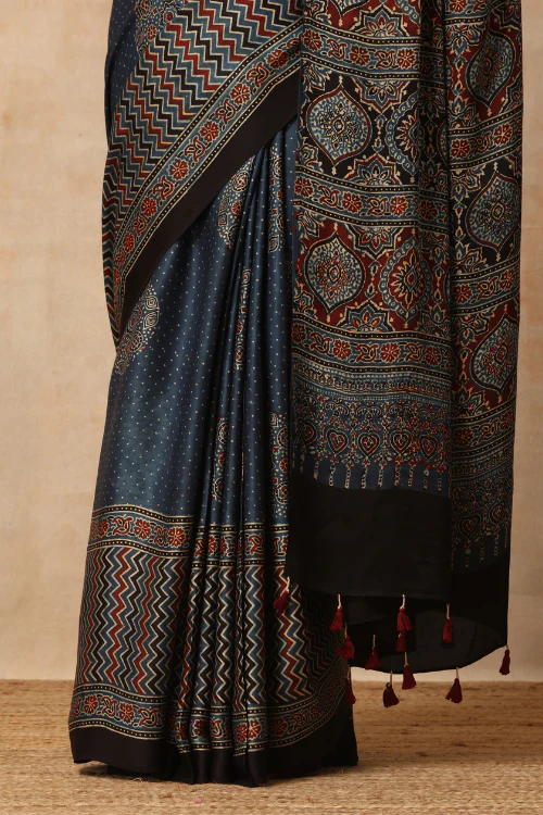Tenaaro Ajrakh Hand Block Printed  Modal Satin Saree (Indigo Blue-14) - Image 4