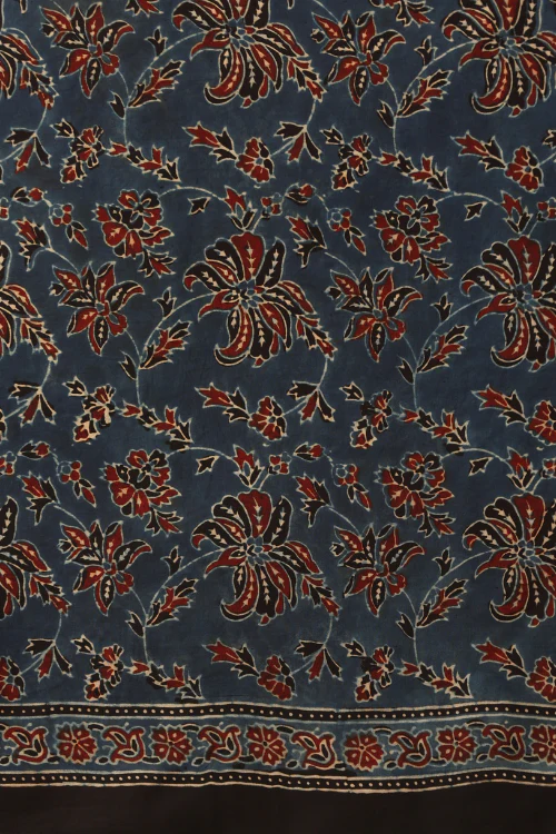 Tenaaro Ajrakh Hand Block Printed  Modal Satin Saree (Indigo Blue-14) - Image 5