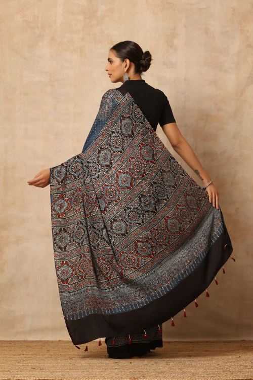 Tenaaro Ajrakh Hand Block Printed  Modal Satin Saree (Indigo Blue-14) - Image 7