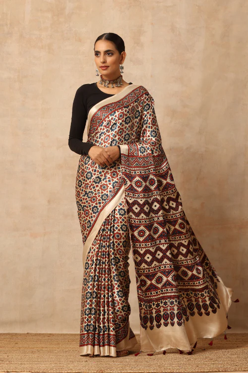 Tenaaro Ajrakh Hand Block Printed Modal SatinSaree
