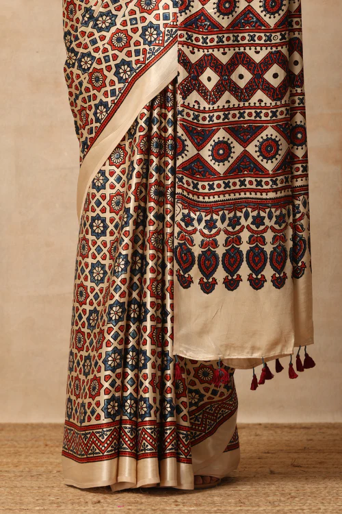 Tenaaro Ajrakh Hand Block Printed Modal SatinSaree - Image 4